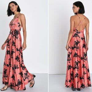 Lulus Tea Gardens Rusty Rose Floral Print Satin Maxi Dress